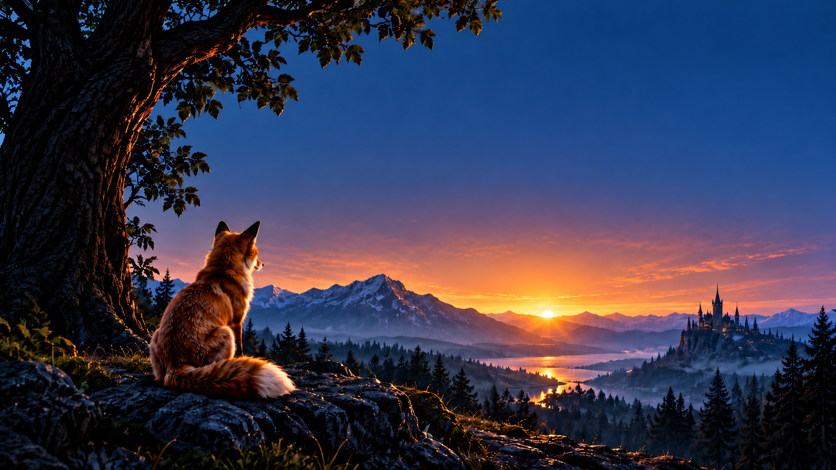 A fox looking across a mountain valley at sunrise