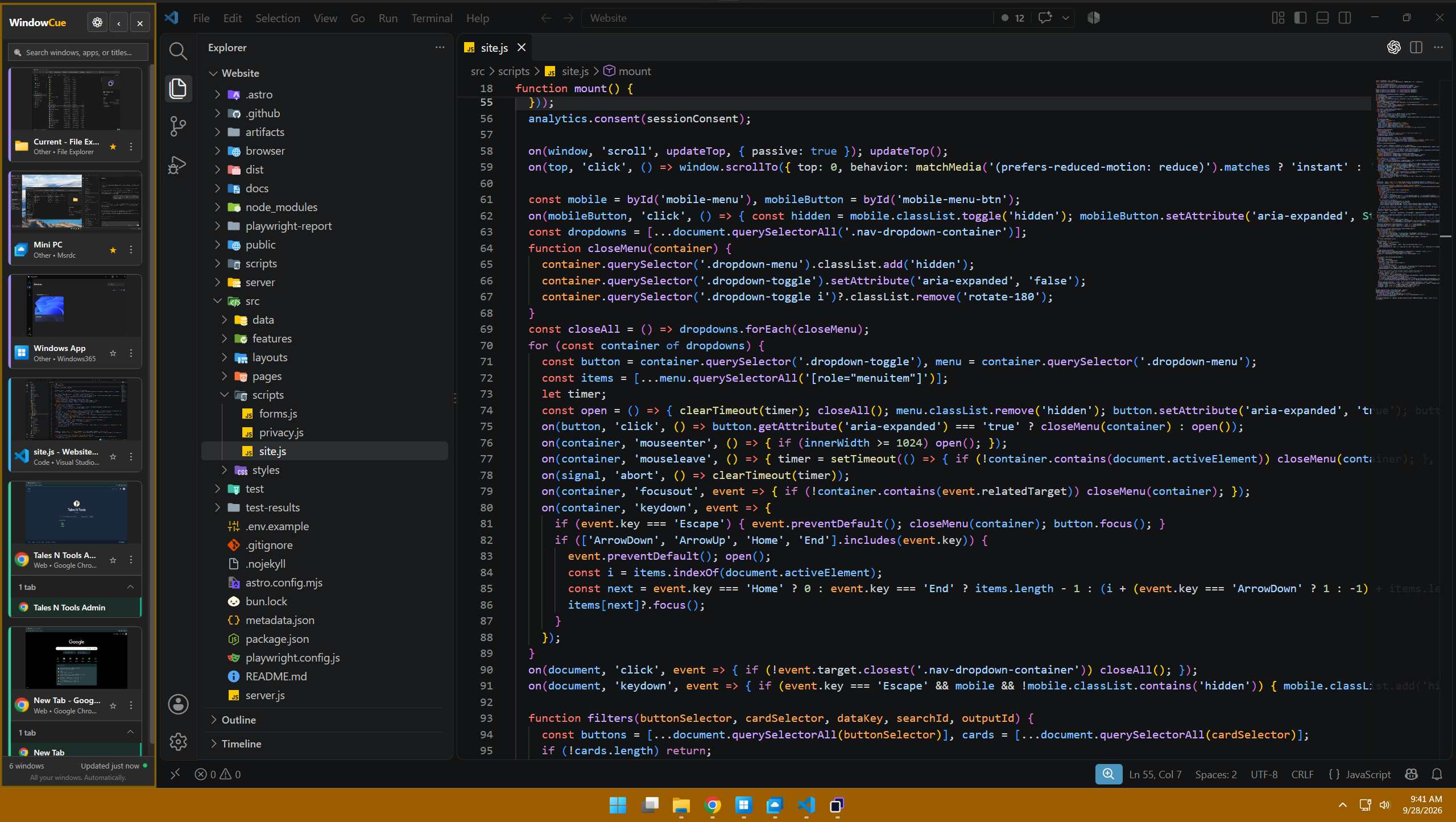 WindowCue beside an open code editor on a real Windows desktop