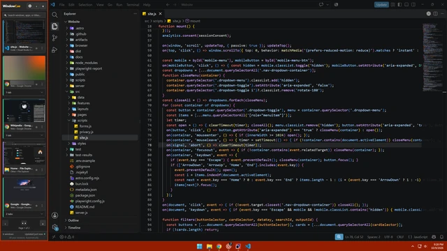 WindowCue sidebar showing window previews beside an open desktop application