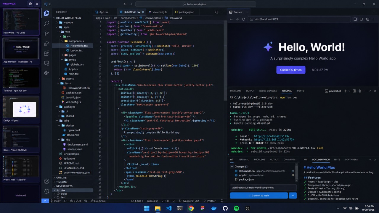 WindowCue sidebar on the left side of a Windows development workspace, showing previews of open applications