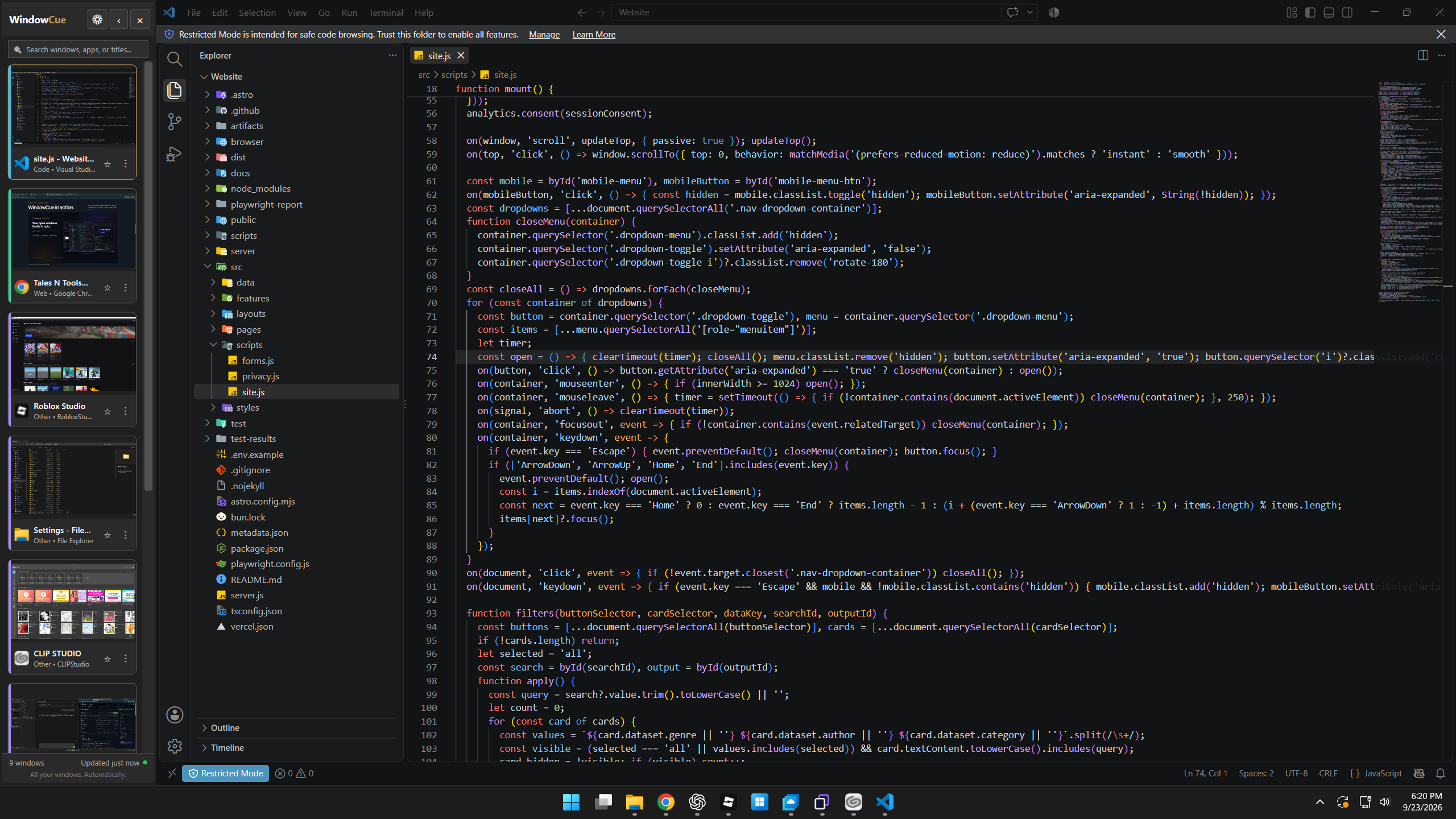 WindowCue header, search box, and first window preview