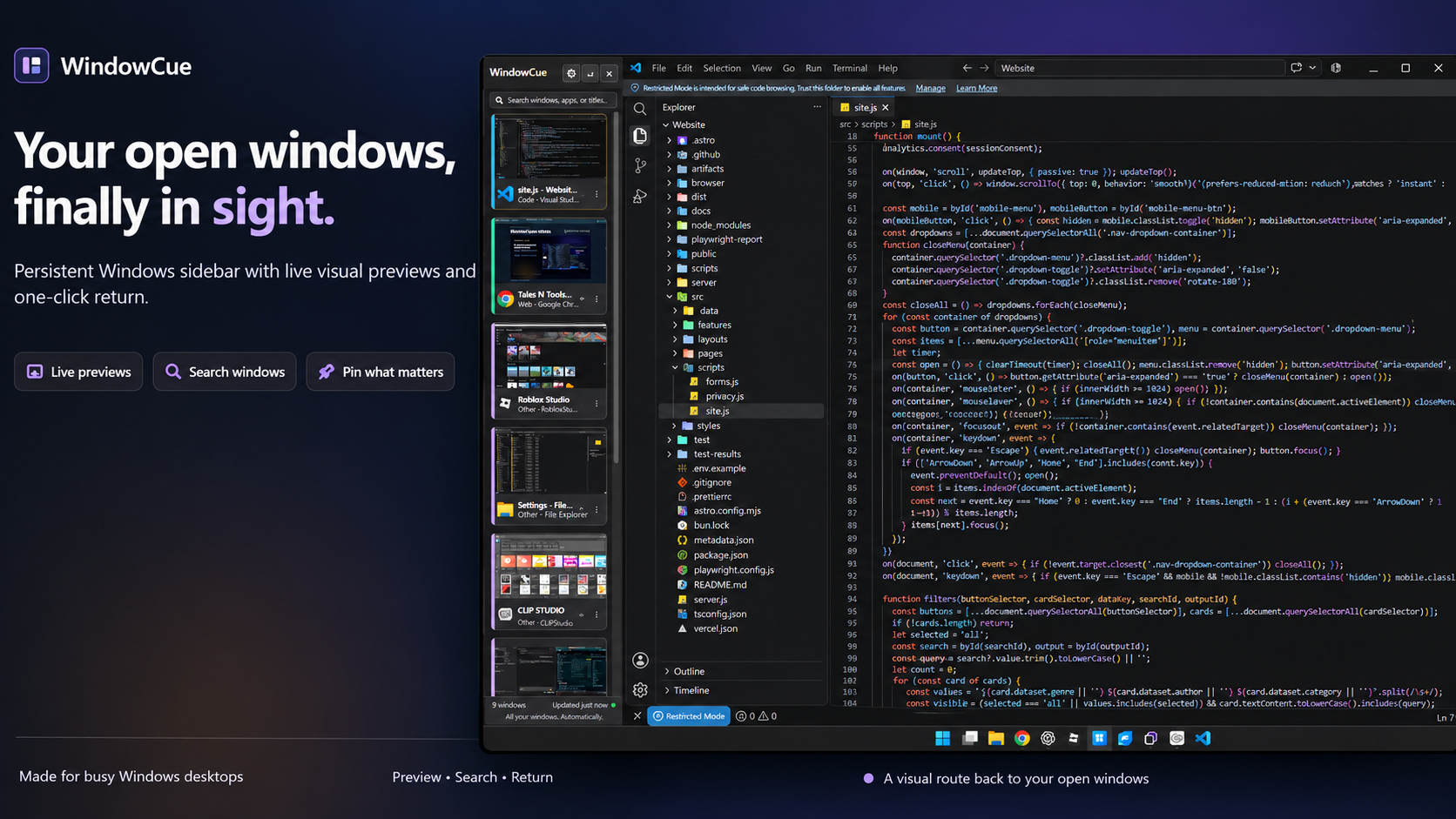 WindowCue branding and features beside a screenshot of its sidebar and VS Code