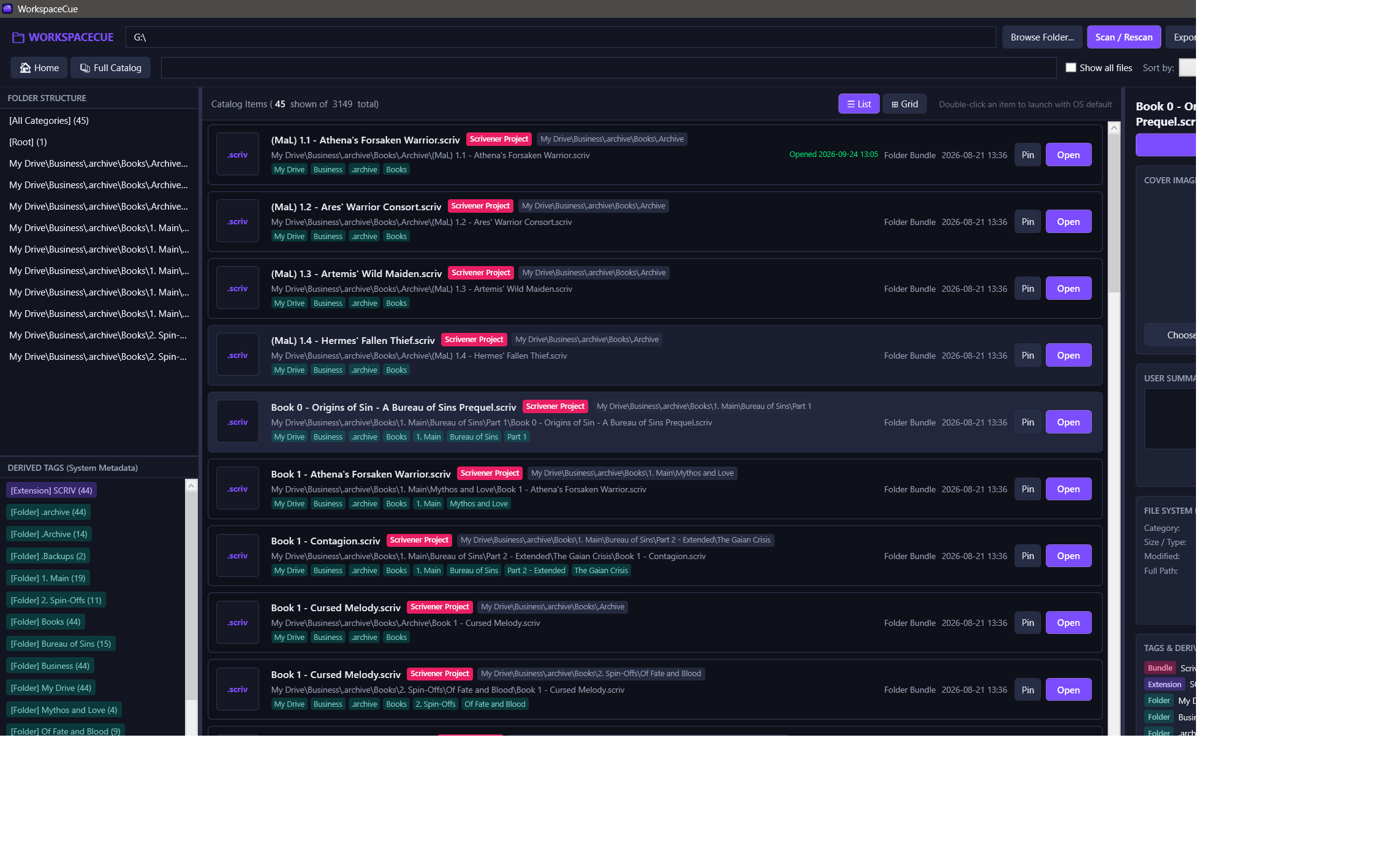 Actual WorkspaceCue List view with project rows, tags, and Open buttons